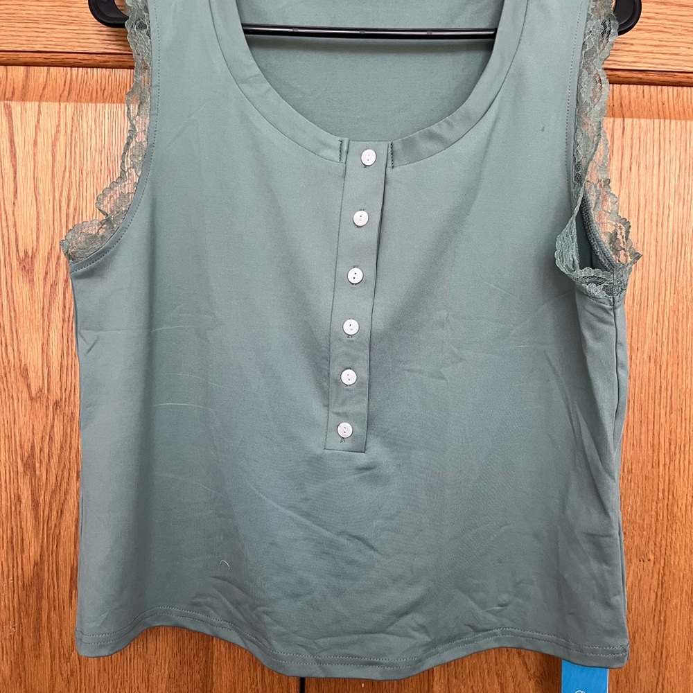 Cupshe Button-Front Lace Trim Top - Sage